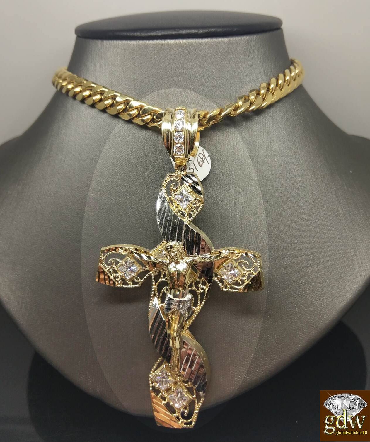 New 10k Yellow White Gold Jesus Crucifix Cross Pendent Diamond Cut - GoldenlinQ